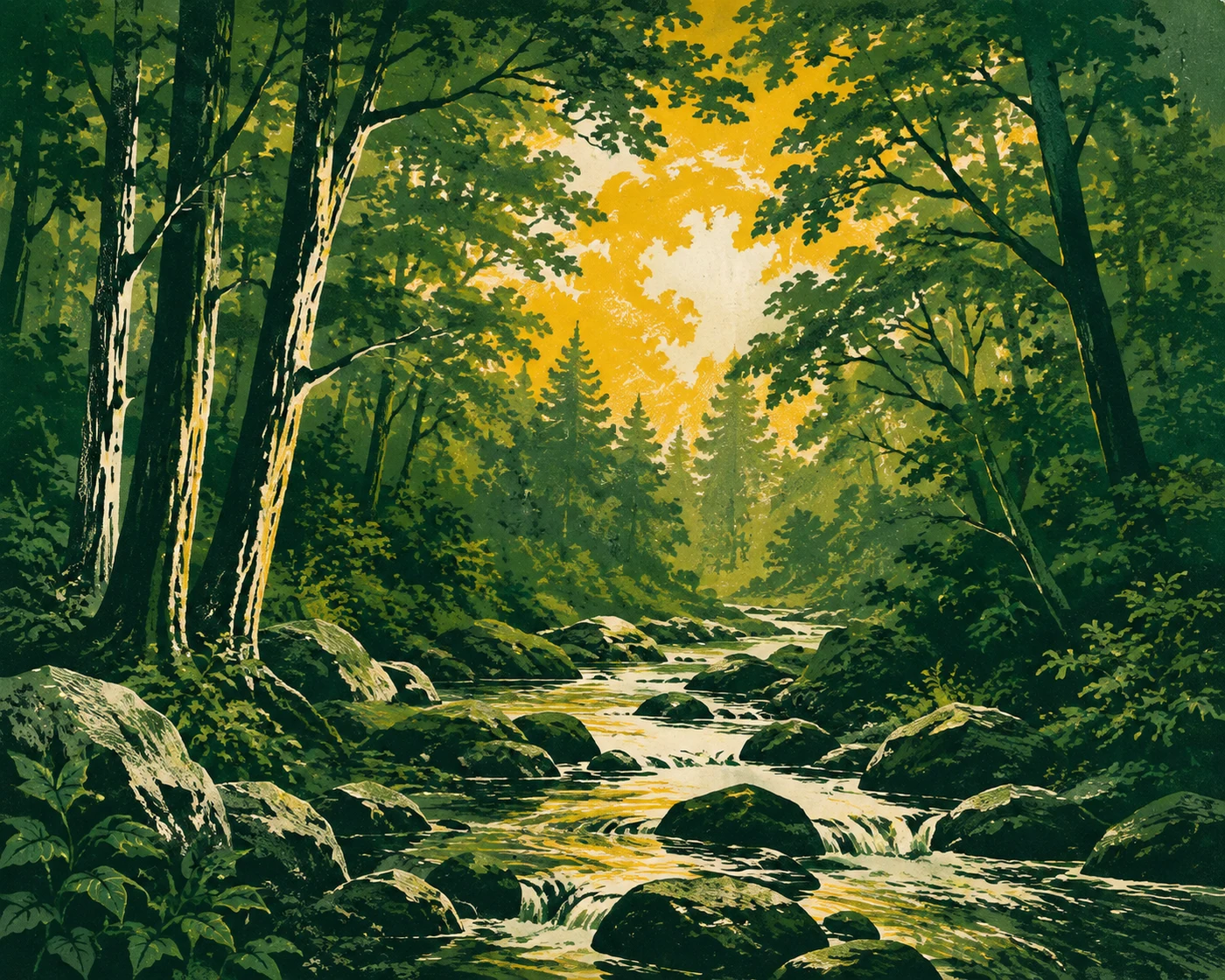 Graphic woodland canopy opening around a winding stream