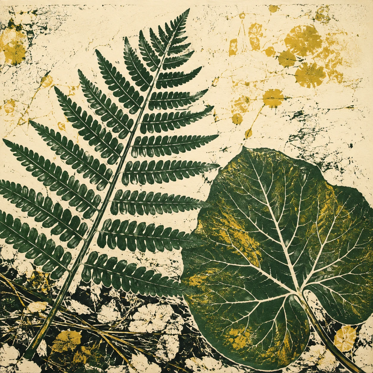 A fern frond beside a broad leaf
