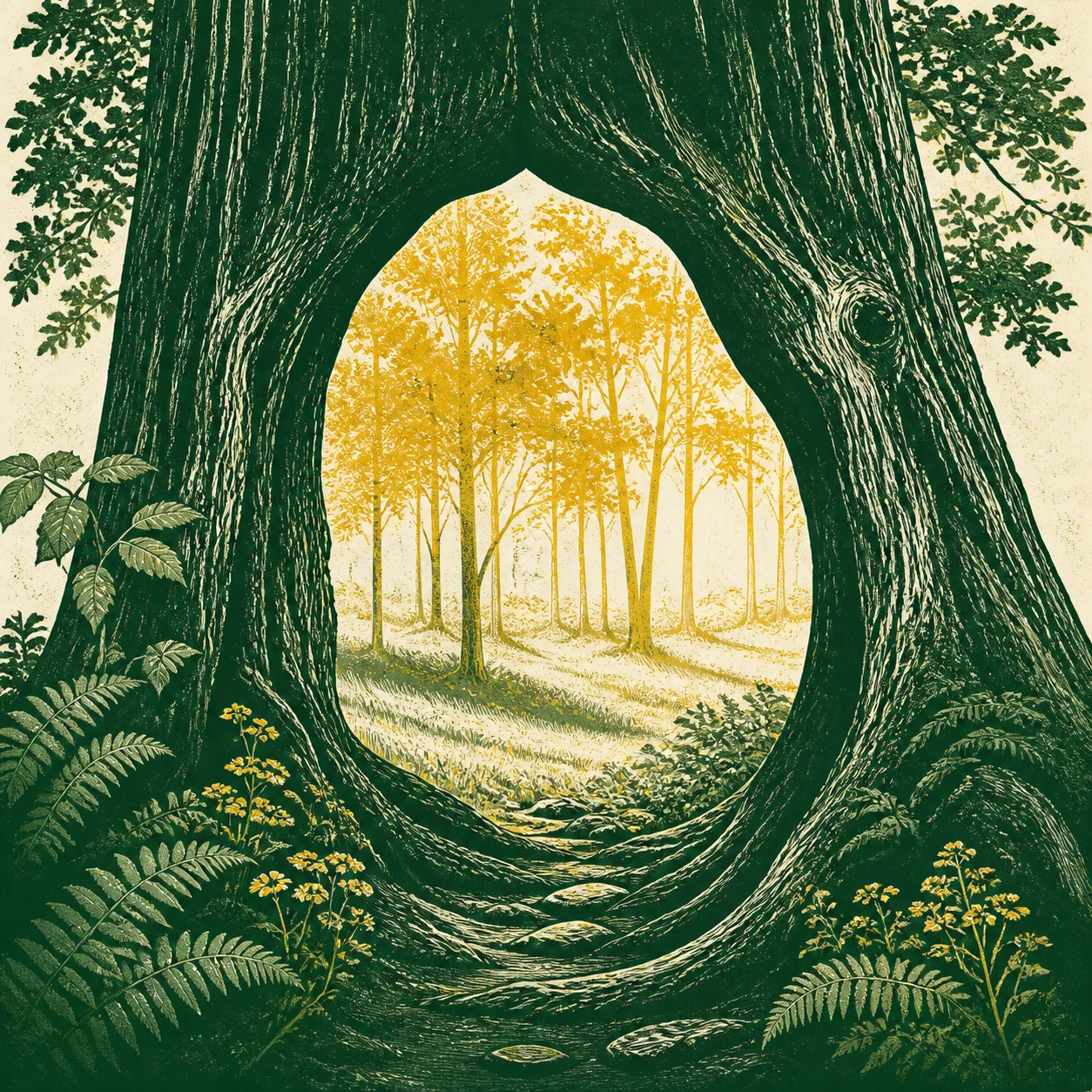 A large trunk framing a distant grove