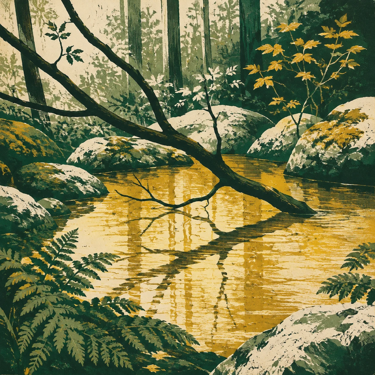 Branch reflection in a golden woodland pool
