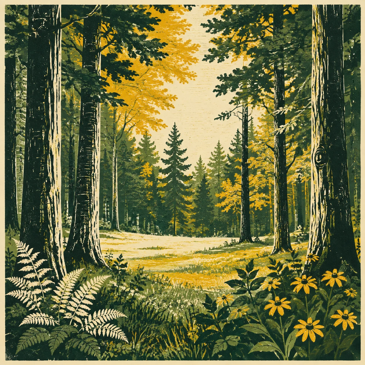 Tall trunks around a bright clearing