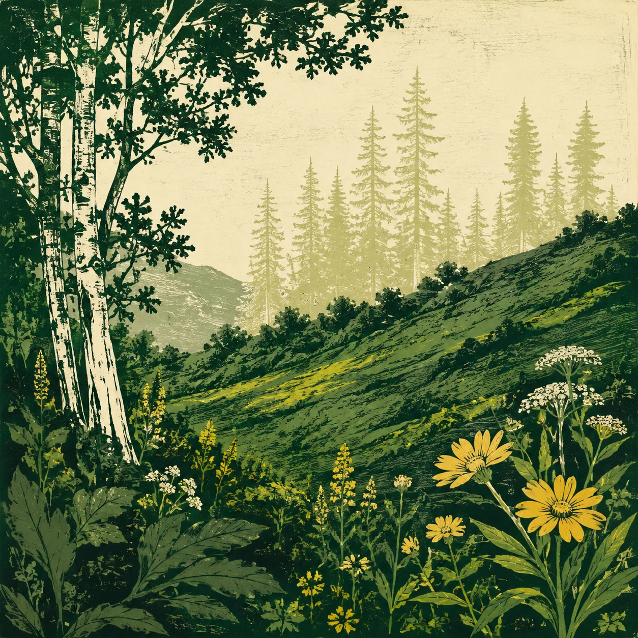 Layered woodland hillside fading into softer greens