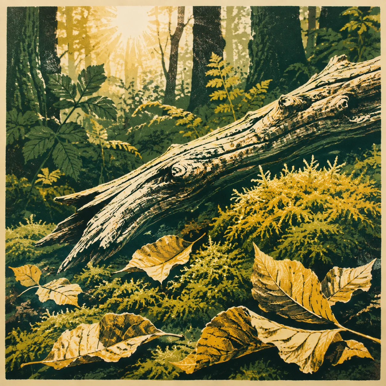 Moss and curled leaves beside fallen timber