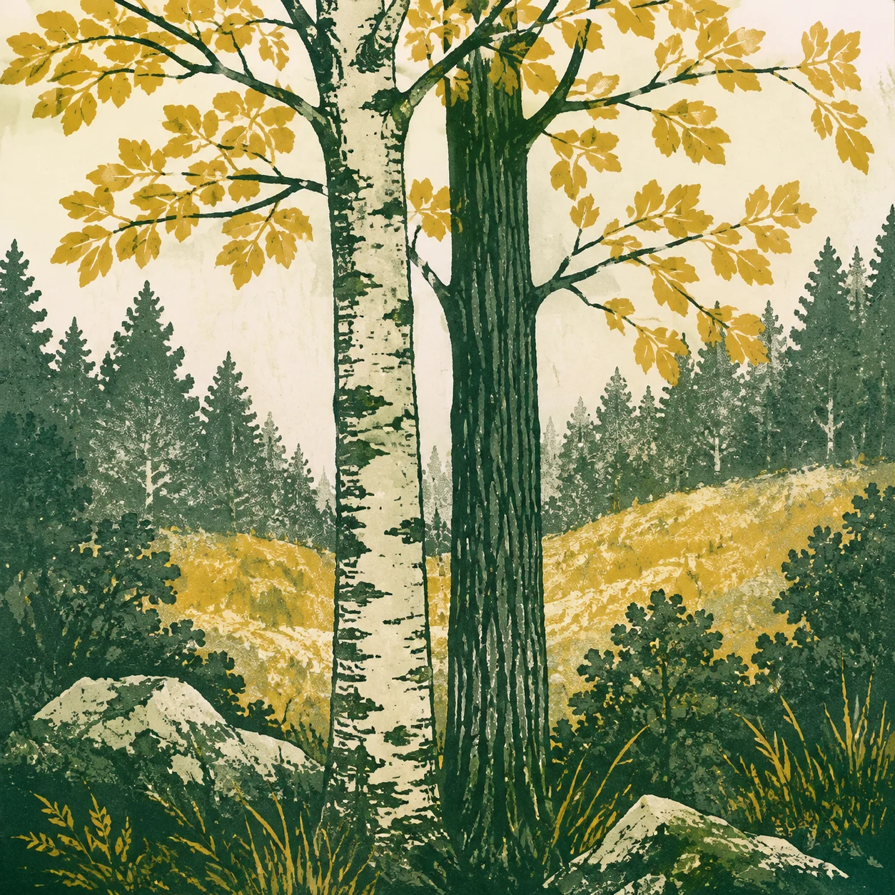 Adjacent trees with contrasting bark