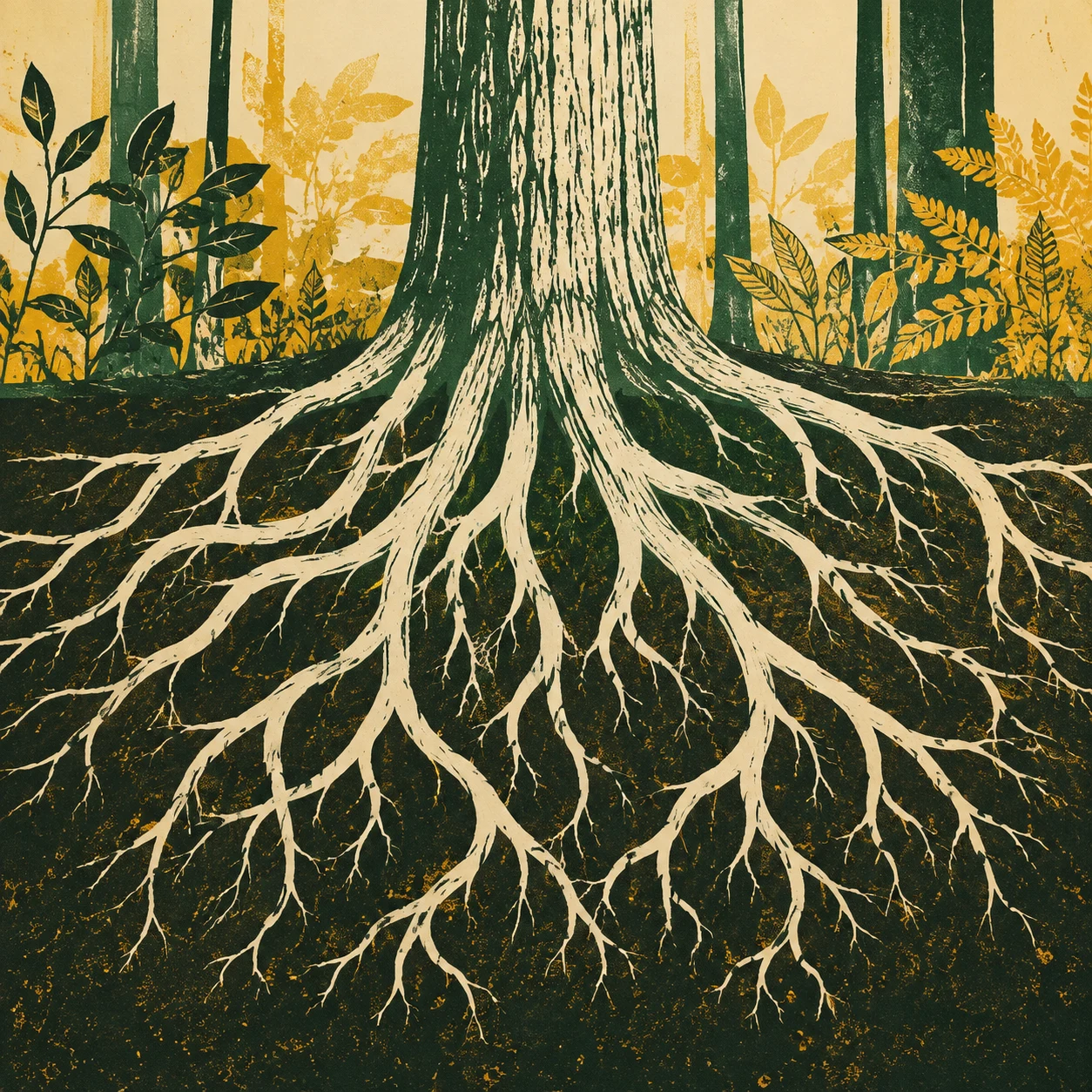 Roots spreading over dark soil