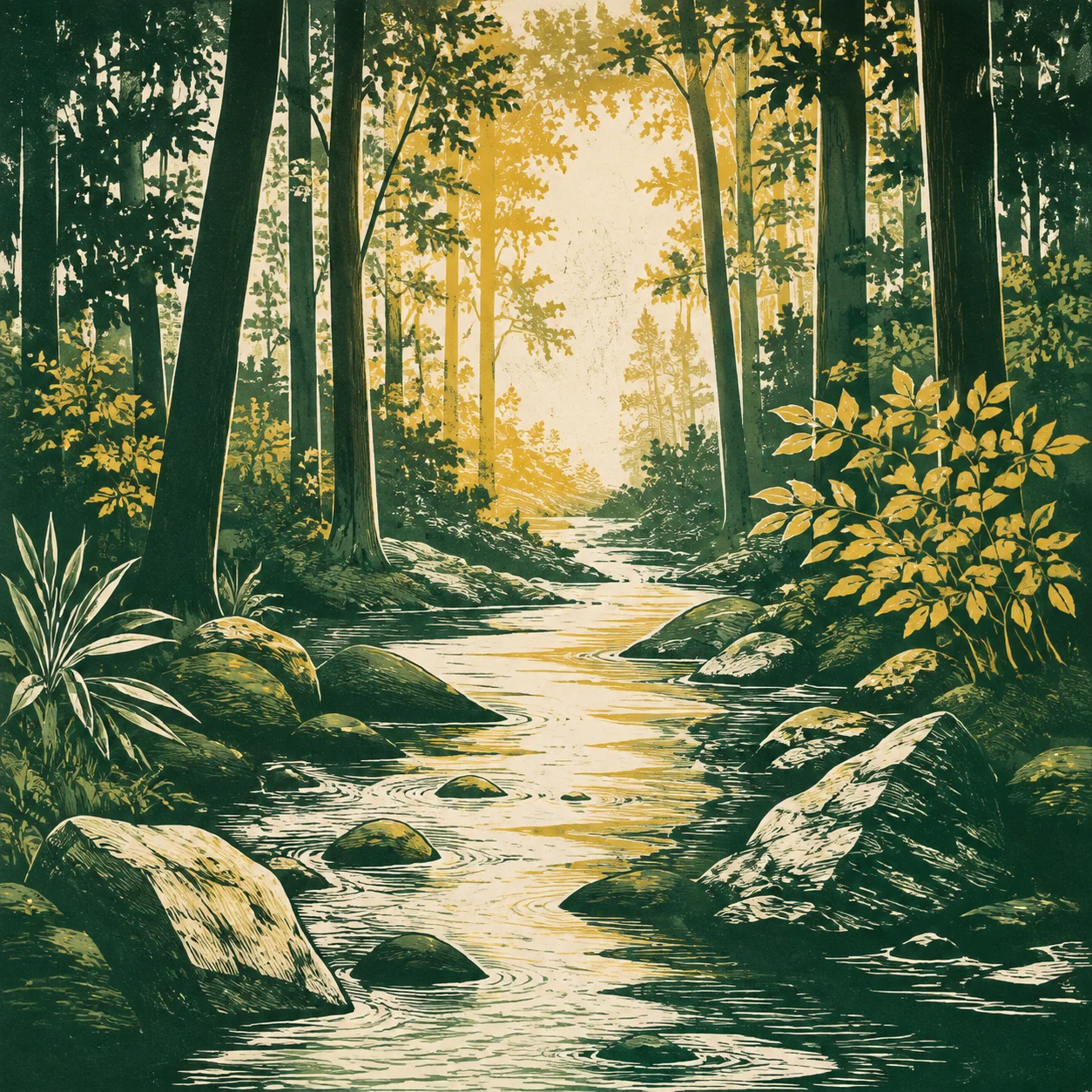 Stream winding toward a gap between trees