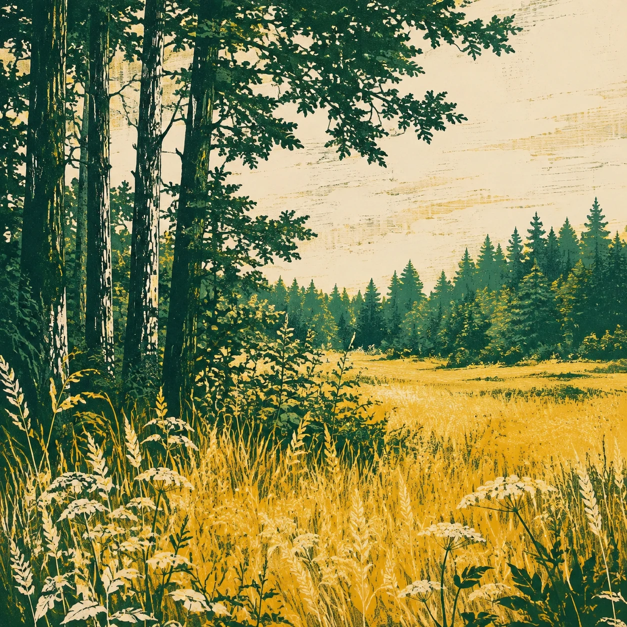Golden grasses at a green woodland edge