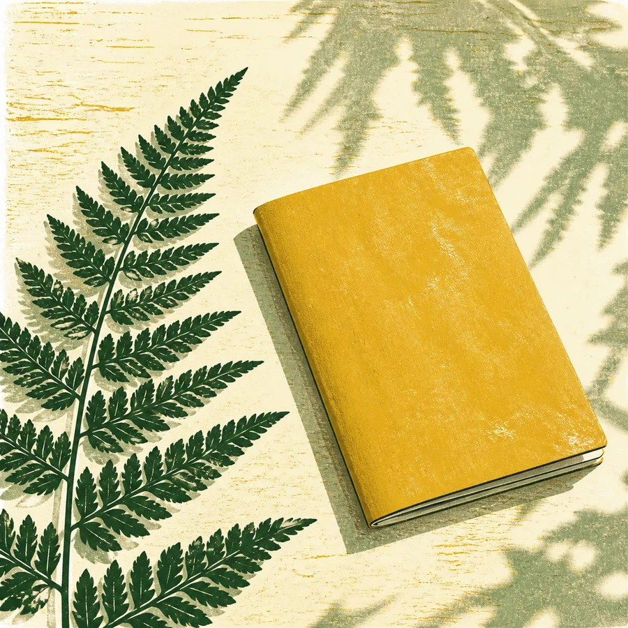 Closed folio beside a fern