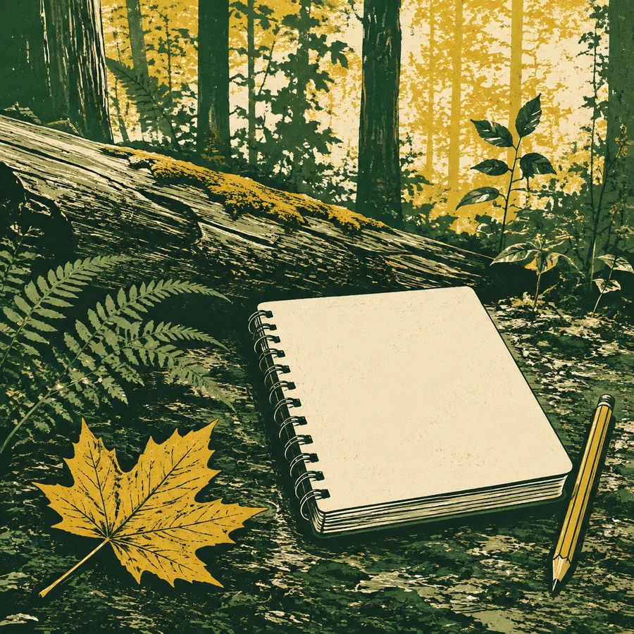 Blank notebook and pencil beside a leaf
