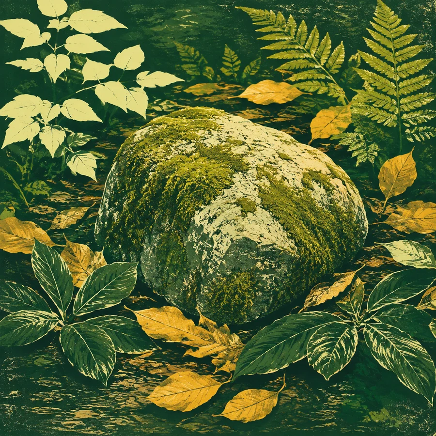 Mossy stone surrounded by leaves