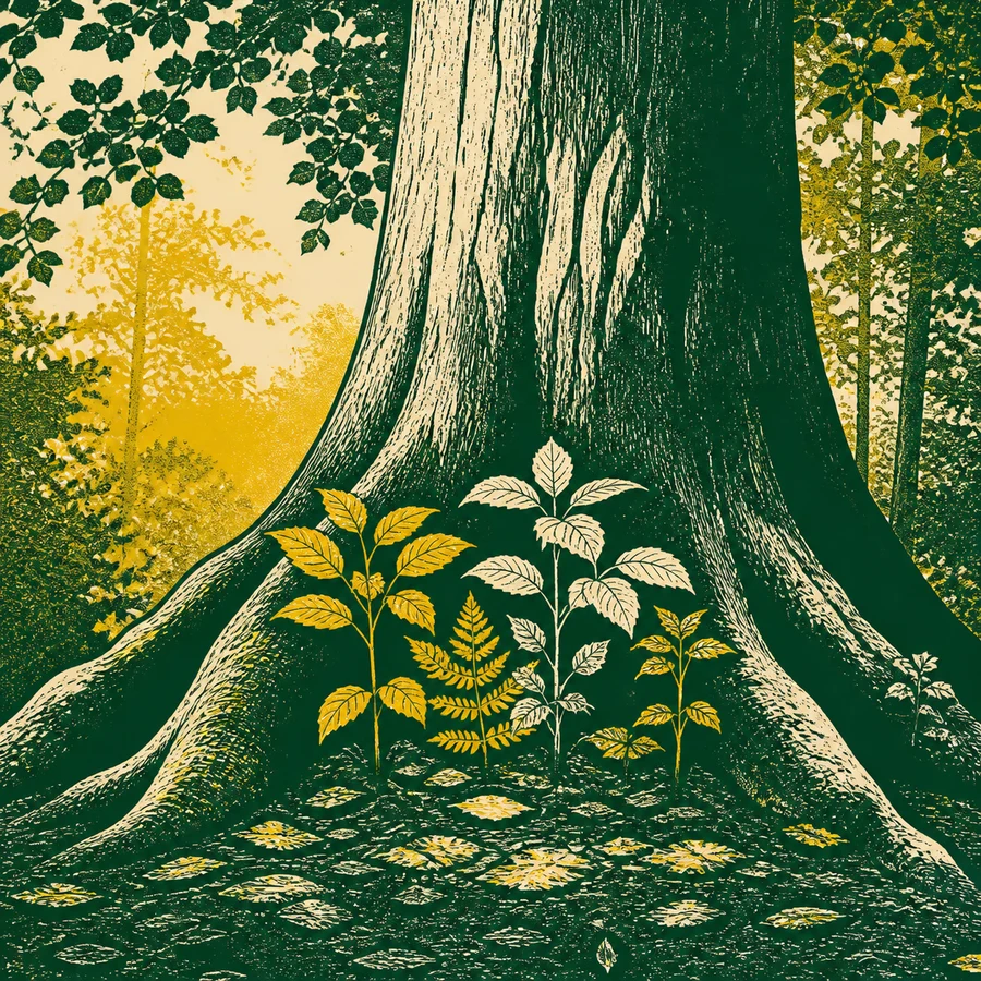 A sturdy trunk beside young plants