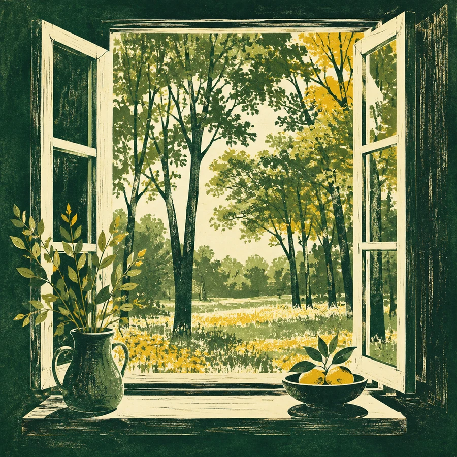A window facing a green grove